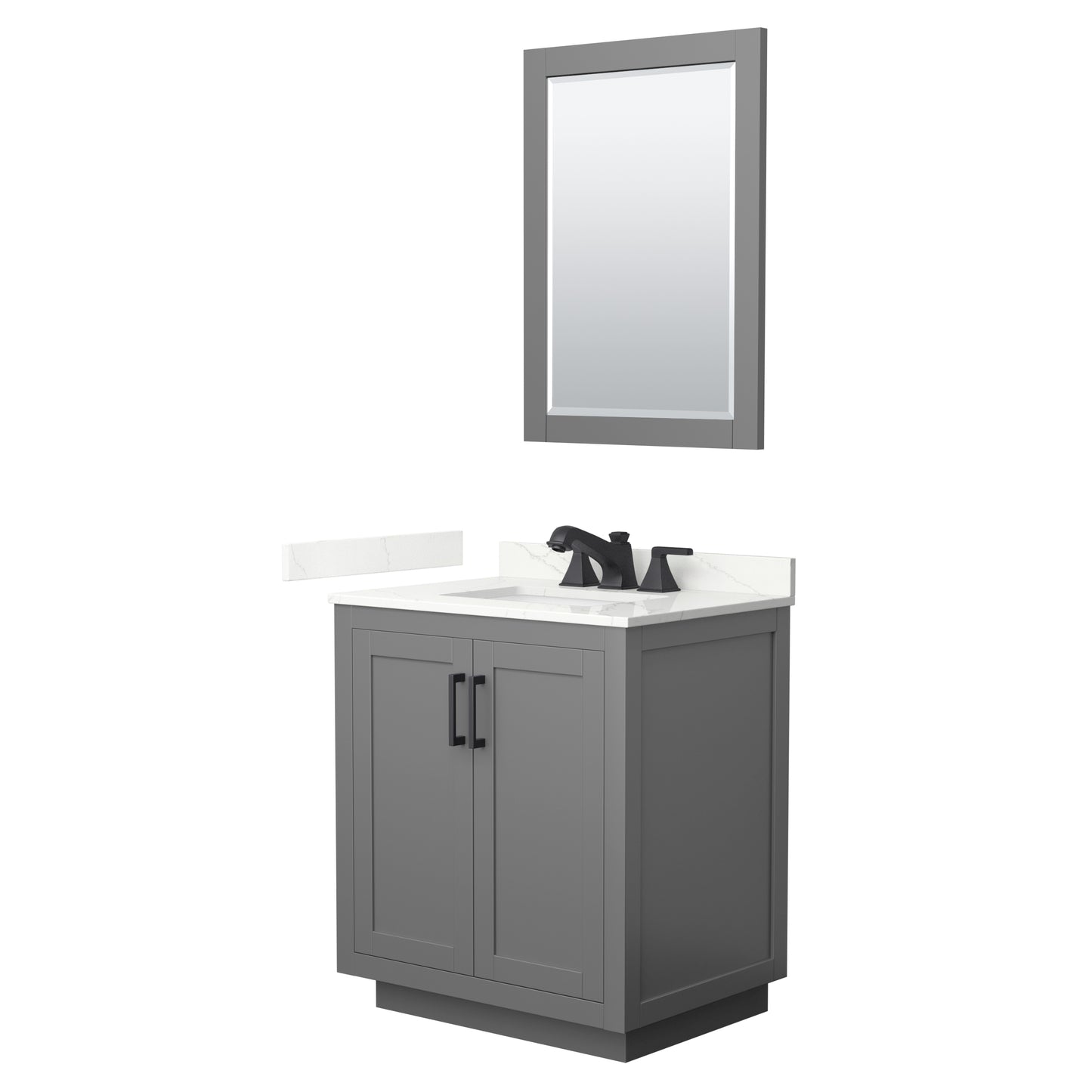 Wyndham Collection Miranda 30" Single Bathroom Vanity in Dark Gray, Giotto Quartz Countertop, Undermount Square Sink (3-Hole), Matte Black Trim, 24" Mirror