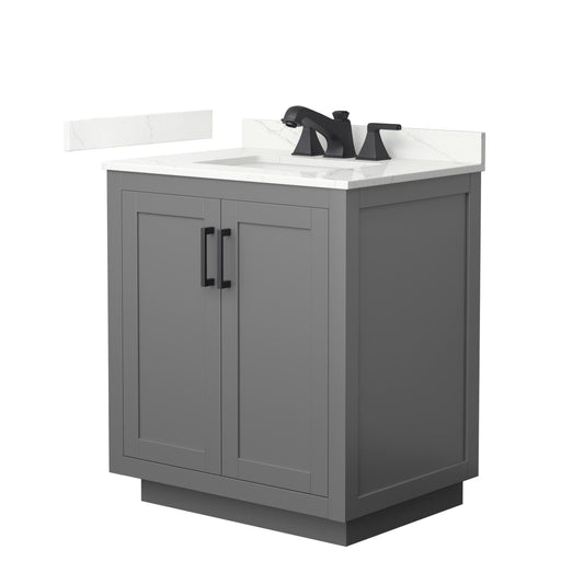 Wyndham Collection Miranda 30" Single Bathroom Vanity in Dark Gray, Giotto Quartz Countertop, Undermount Square Sink (3-Hole), Matte Black Trim