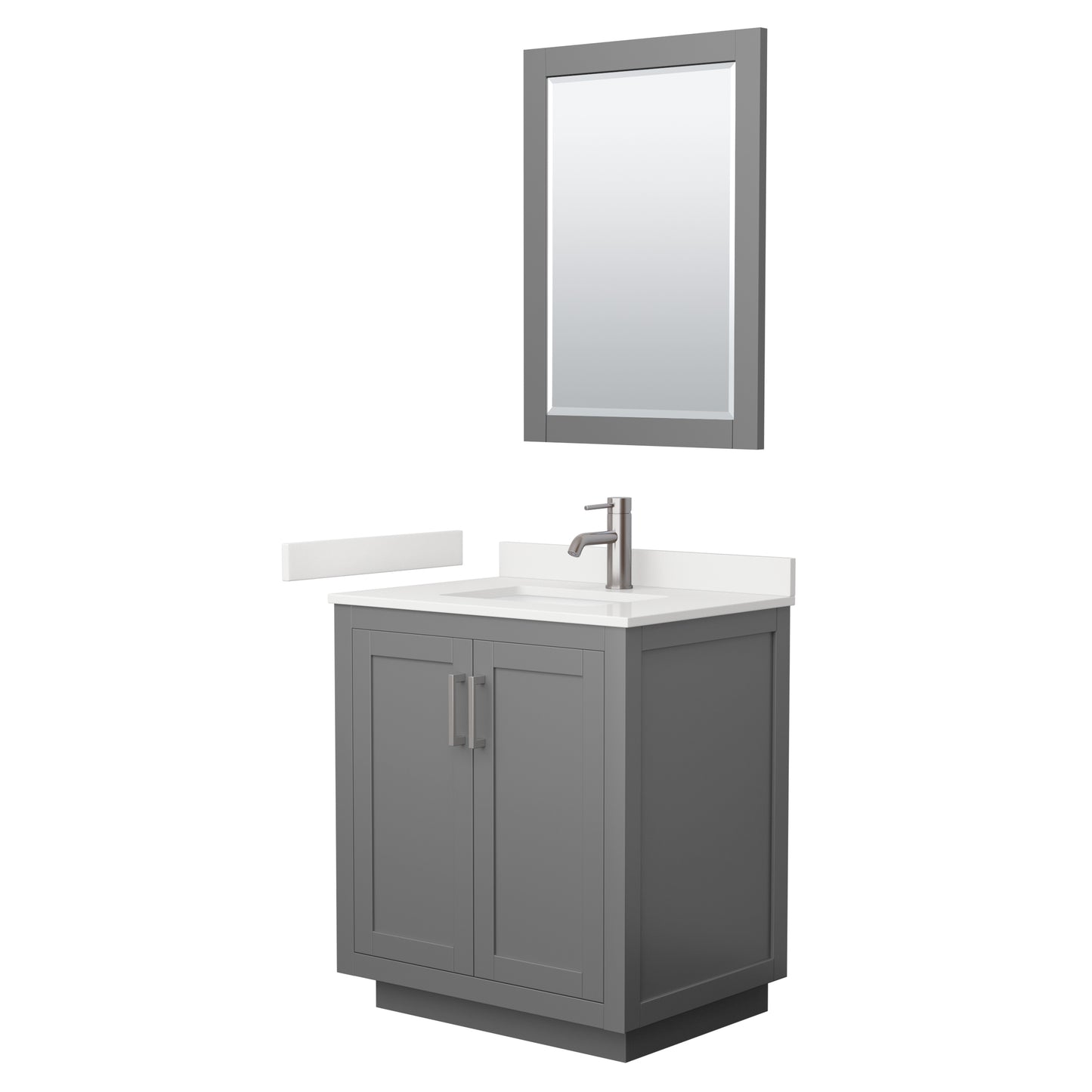 Wyndham Collection Miranda 30" Single Bathroom Vanity in Dark Gray, White Quartz Countertop, Undermount Square Sink (1-Hole), Brushed Nickel Trim, 24" Mirror
