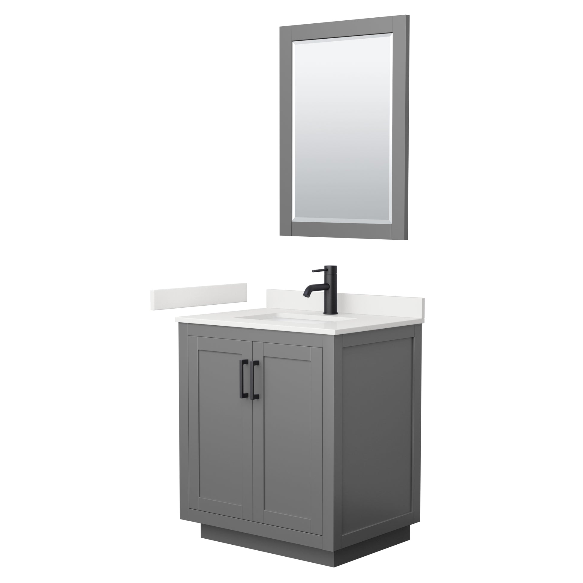 Wyndham Collection Miranda 30" Single Bathroom Vanity in Dark Gray, White Quartz Countertop, Undermount Square Sink (1-Hole), Matte Black Trim, 24" Mirror