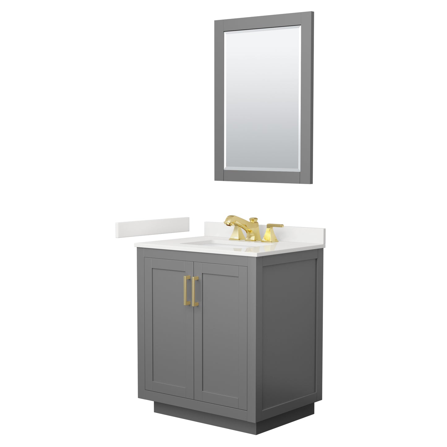 Wyndham Collection Miranda 30" Single Bathroom Vanity in Dark Gray, White Quartz Countertop, Undermount Square Sink (3-Hole), Brushed Gold Trim, 24" Mirror