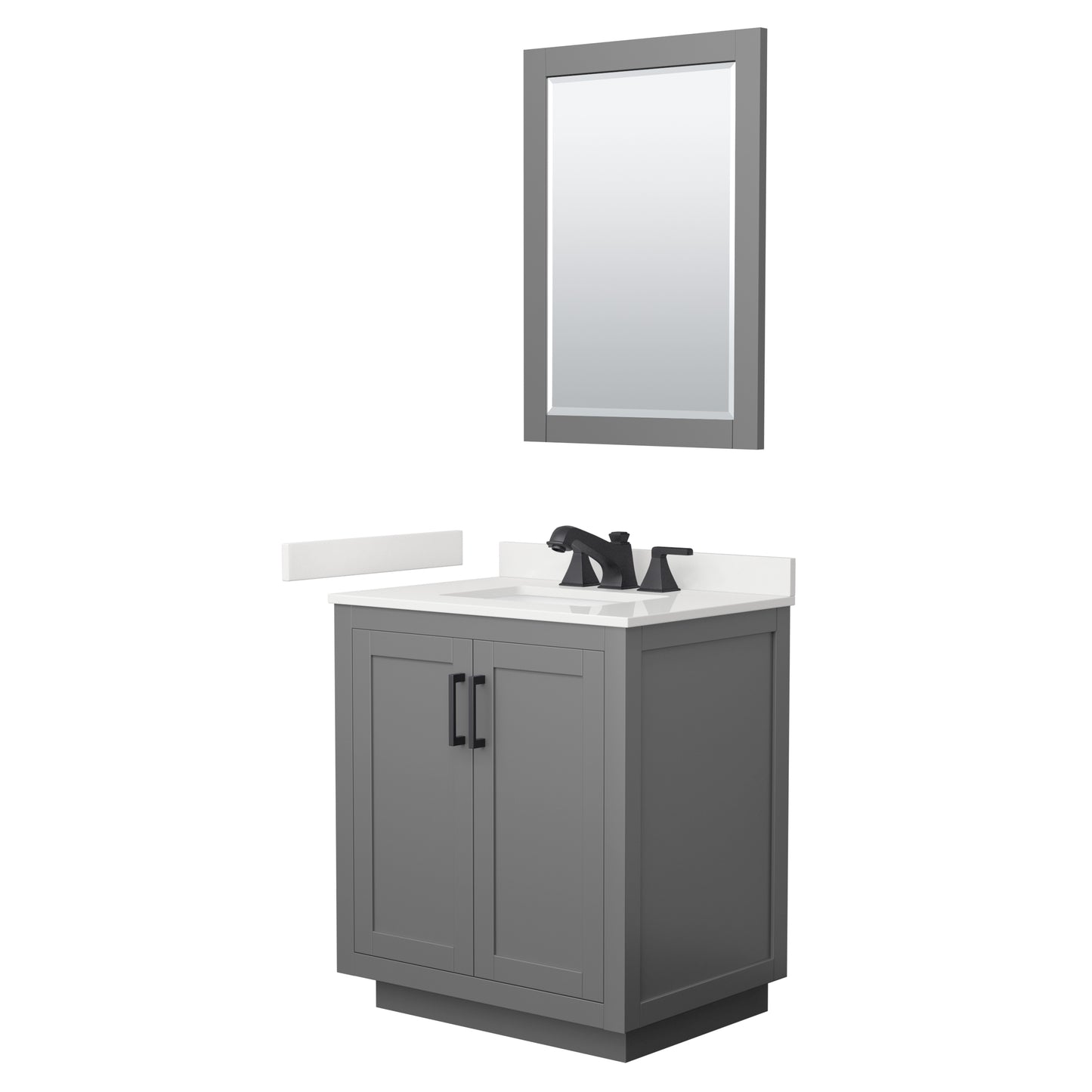 Wyndham Collection Miranda 30" Single Bathroom Vanity in Dark Gray, White Quartz Countertop, Undermount Square Sink (3-Hole), Matte Black Trim, 24" Mirror