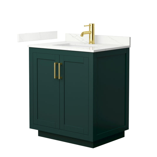Wyndham Collection Miranda 30" Single Bathroom Vanity in Green, Giotto Quartz Countertop, Undermount Square Sink (1-Hole), Brushed Gold Trim