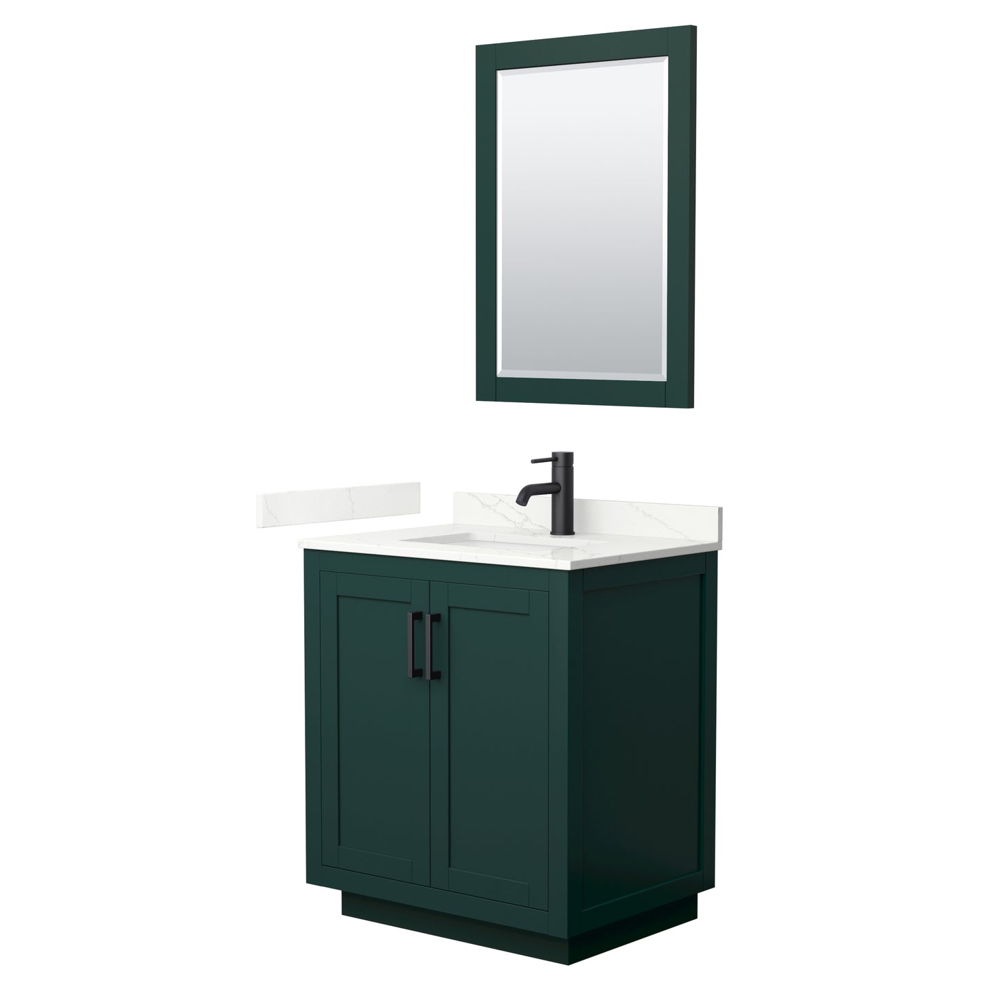 Wyndham Collection Miranda 30" Single Bathroom Vanity in Green, Giotto Quartz Countertop, Undermount Square Sink (1-Hole), Matte Black Trim, 24" Mirror