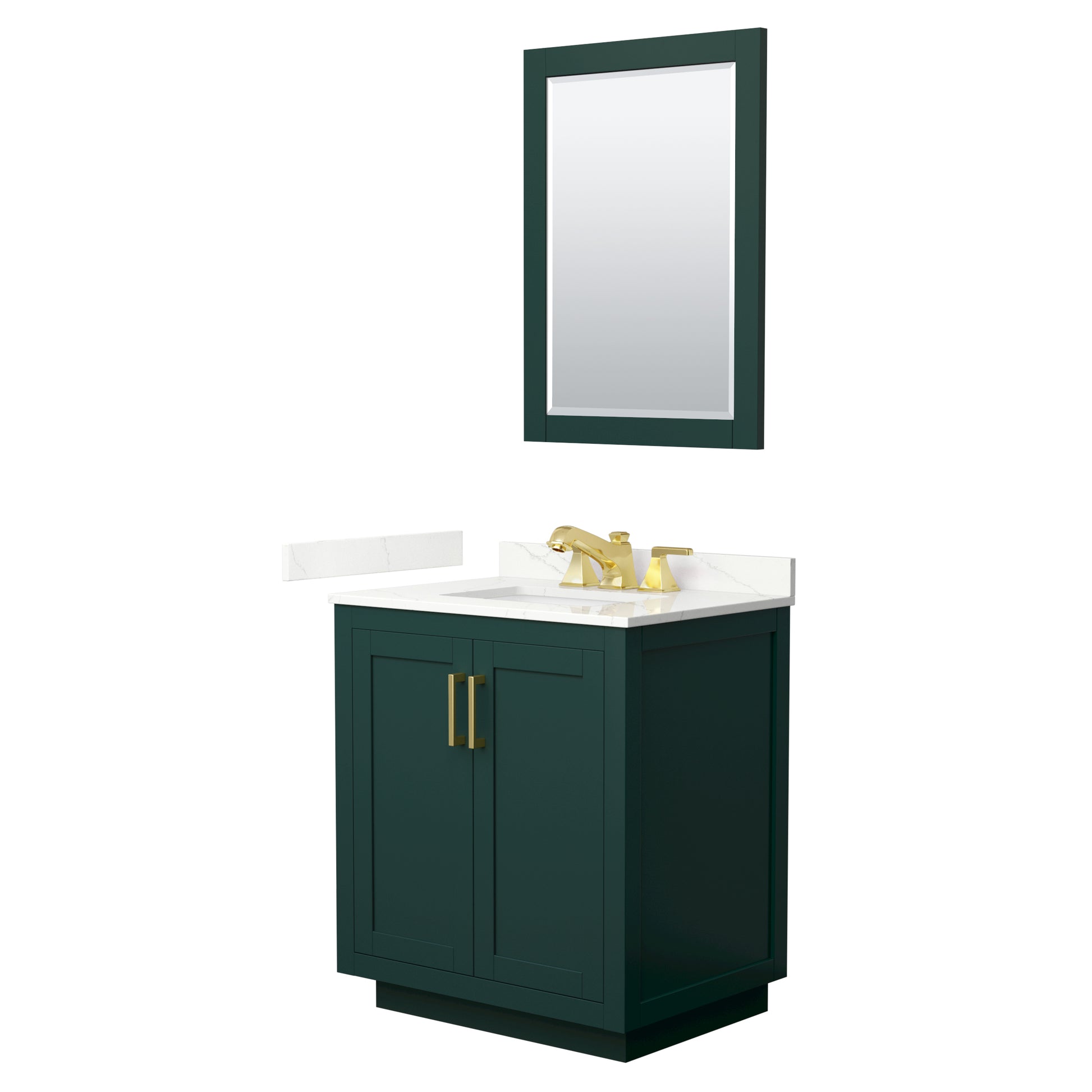 Wyndham Collection Miranda 30" Single Bathroom Vanity in Green, Giotto Quartz Countertop, Undermount Square Sink (3-Hole), Brushed Gold Trim, 24" Mirror