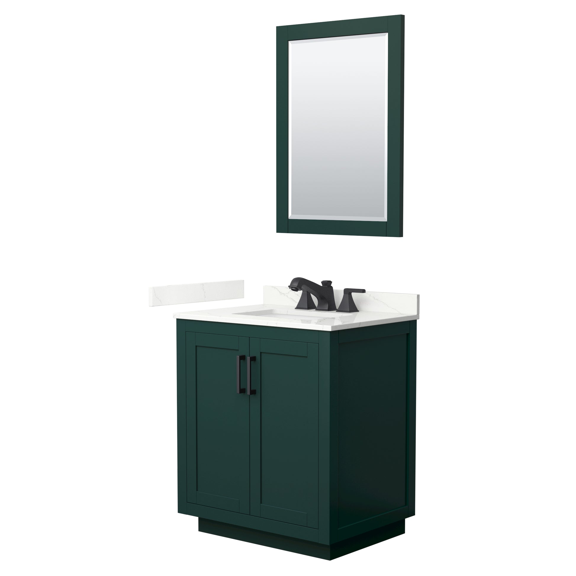 Wyndham Collection Miranda 30" Single Bathroom Vanity in Green, Giotto Quartz Countertop, Undermount Square Sink (3-Hole), Matte Black Trim, 24" Mirror