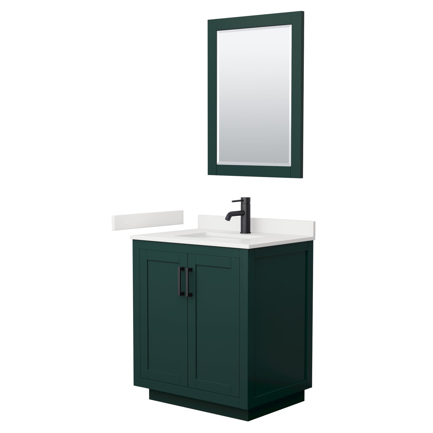 Wyndham Collection Miranda 30" Single Bathroom Vanity in Green, White Quartz Countertop, Undermount Square Sink (1-Hole), Matte Black Trim, 24" Mirror