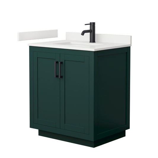 Wyndham Collection Miranda 30" Single Bathroom Vanity in Green, White Quartz Countertop, Undermount Square Sink (1-Hole), Matte Black Trim