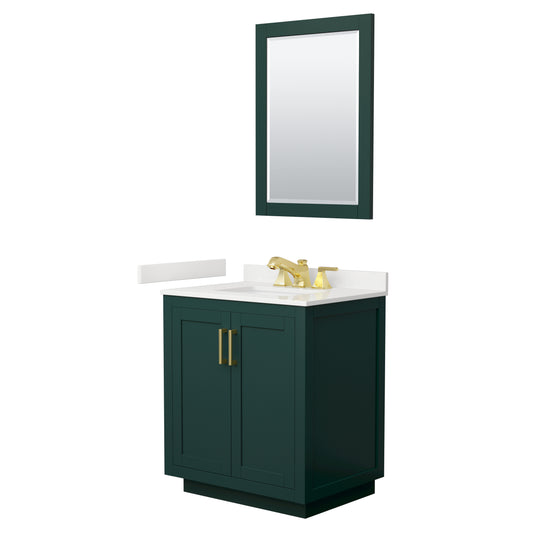 Wyndham Collection Miranda 30" Single Bathroom Vanity in Green, White Quartz Countertop, Undermount Square Sink (3-Hole), Brushed Gold Trim, 24" Mirror