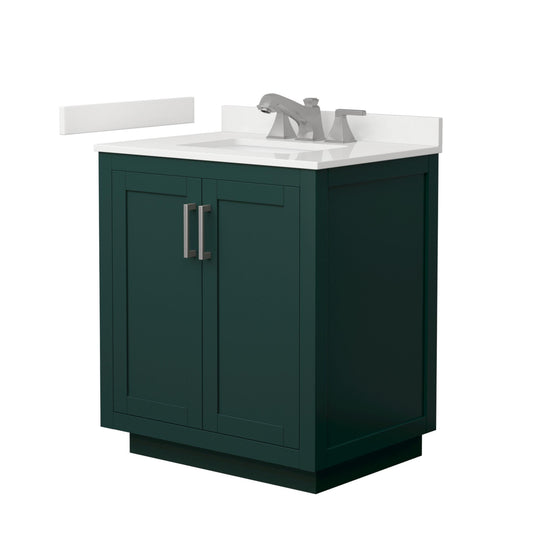 Wyndham Collection Miranda 30" Single Bathroom Vanity in Green, White Quartz Countertop, Undermount Square Sink (3-Hole), Brushed Nickel Trim