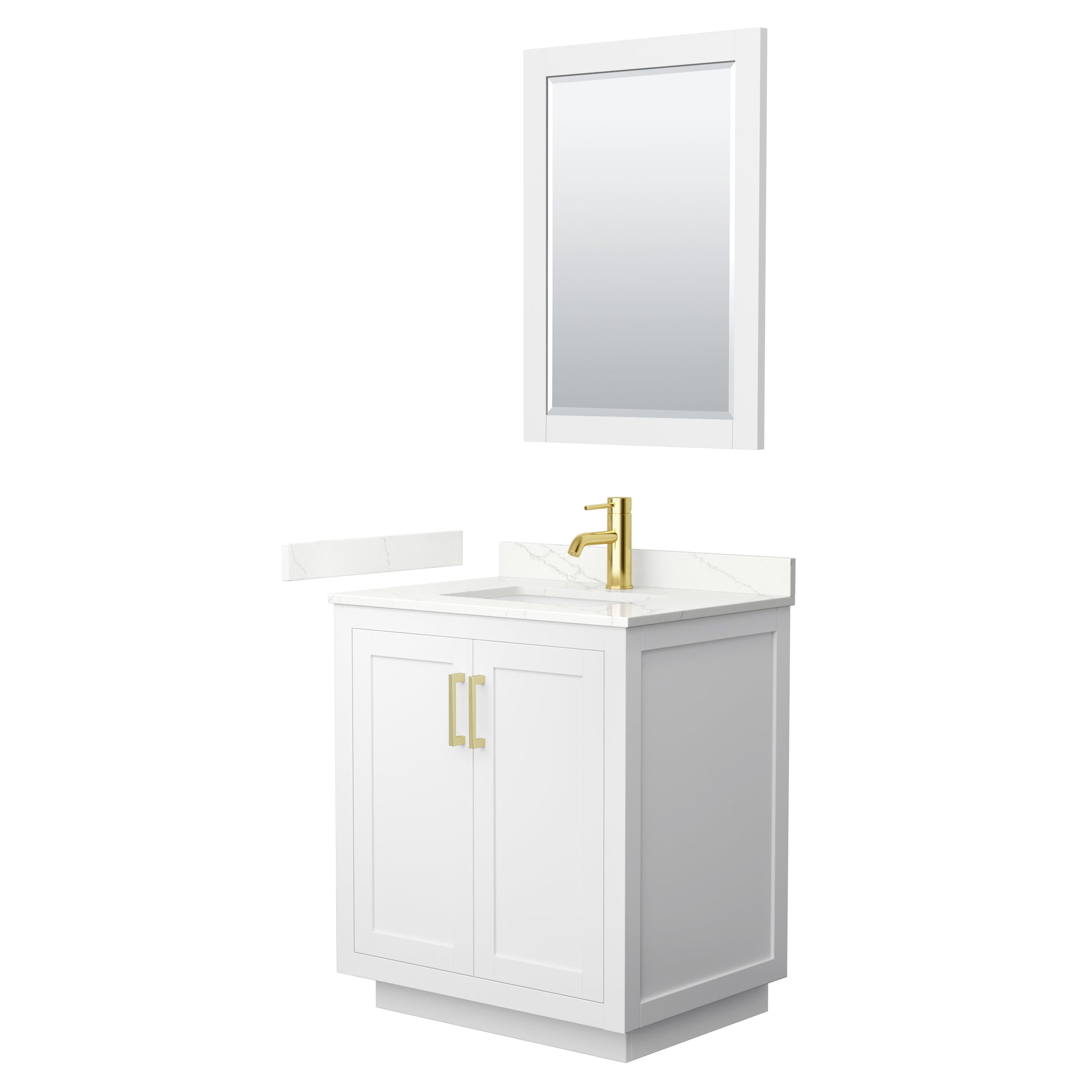 Wyndham Collection Miranda 30" Single Bathroom Vanity in White, Giotto Quartz Countertop, Undermount Square Sink (1-Hole), Brushed Gold Trim, 24" Mirror