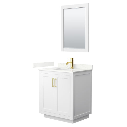 Wyndham Collection Miranda 30" Single Bathroom Vanity in White, Giotto Quartz Countertop, Undermount Square Sink (1-Hole), Brushed Gold Trim, 24" Mirror