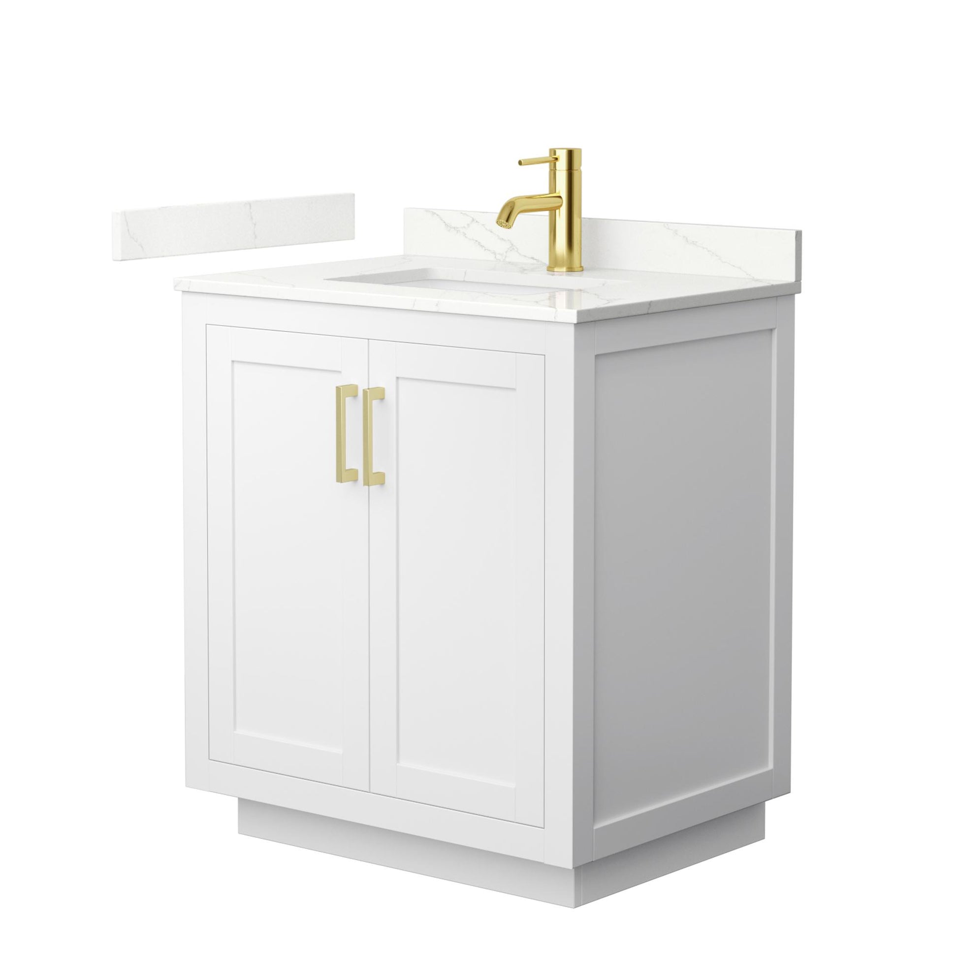 Wyndham Collection Miranda 30" Single Bathroom Vanity in White, Giotto Quartz Countertop, Undermount Square Sink (1-Hole), Brushed Gold Trim