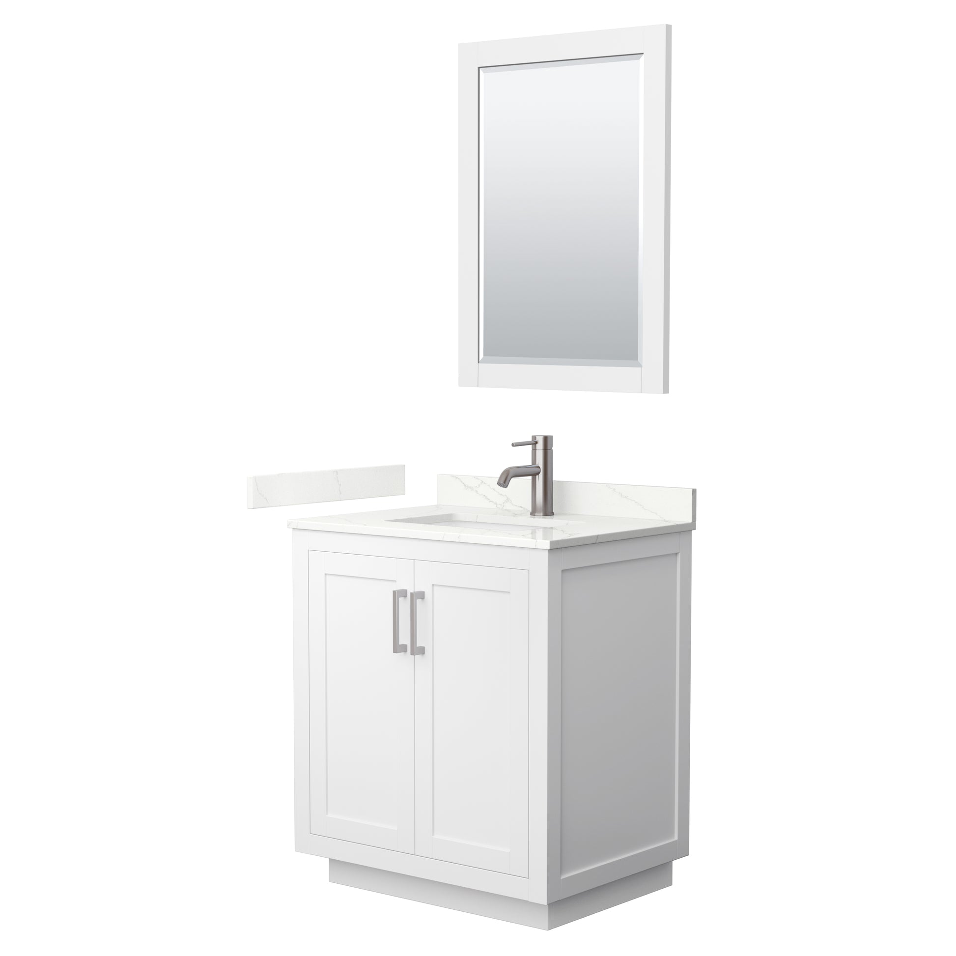 Wyndham Collection Miranda 30" Single Bathroom Vanity in White, Giotto Quartz Countertop, Undermount Square Sink (1-Hole), Brushed Nickel Trim, 24" Mirror