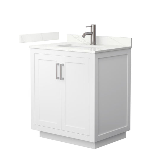 Wyndham Collection Miranda 30" Single Bathroom Vanity in White, Giotto Quartz Countertop, Undermount Square Sink (1-Hole), Brushed Nickel Trim