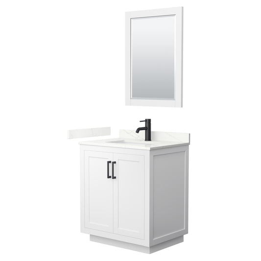 Wyndham Collection Miranda 30" Single Bathroom Vanity in White, Giotto Quartz Countertop, Undermount Square Sink (1-Hole), Matte Black Trim, 24" Mirror