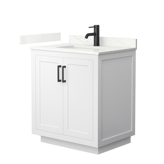 Wyndham Collection Miranda 30" Single Bathroom Vanity in White, Giotto Quartz Countertop, Undermount Square Sink (1-Hole), Matte Black Trim