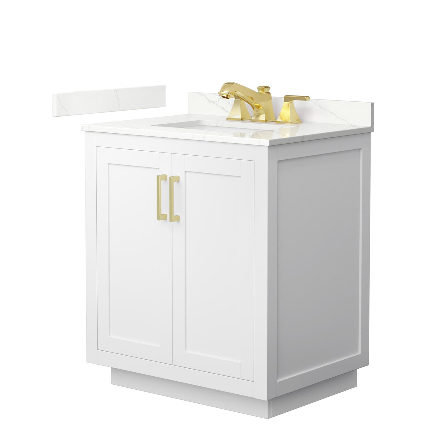 Wyndham Collection Miranda 30" Single Bathroom Vanity in White, Giotto Quartz Countertop, Undermount Square Sink (3-Hole), Brushed Gold Trim