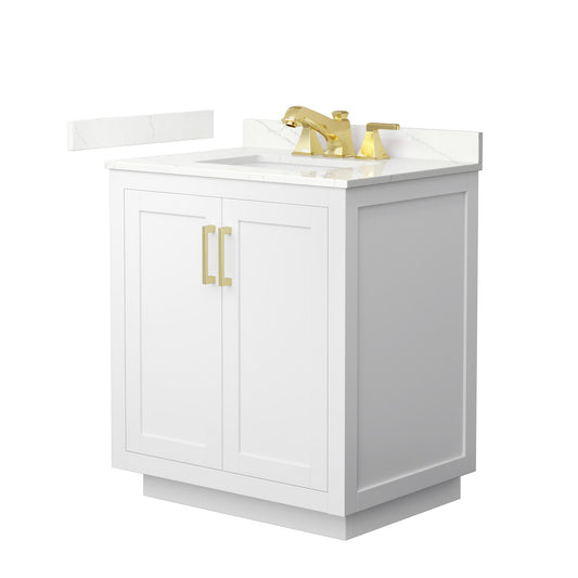 Wyndham Collection Miranda 30" Single Bathroom Vanity in White, Giotto Quartz Countertop, Undermount Square Sink (3-Hole), Brushed Gold Trim
