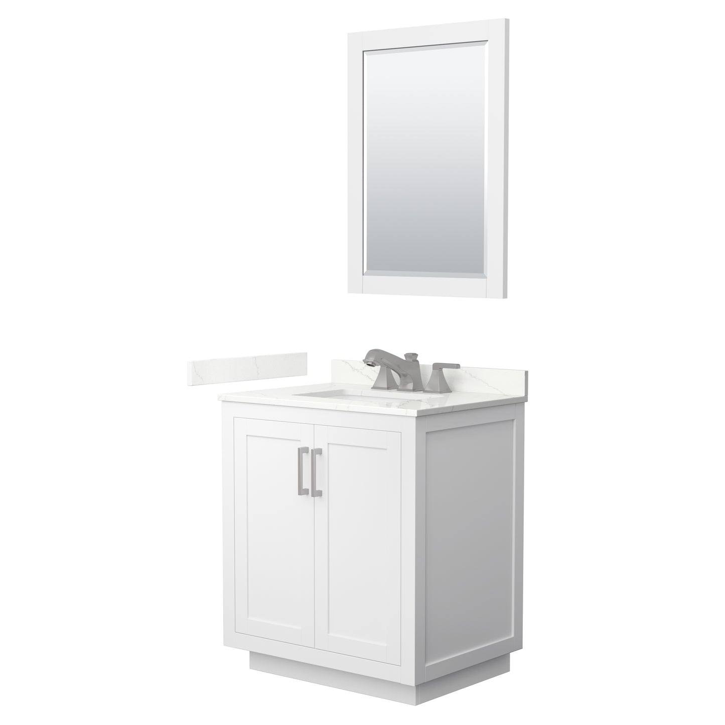 Wyndham Collection Miranda 30" Single Bathroom Vanity in White, Giotto Quartz Countertop, Undermount Square Sink (3-Hole), Brushed Nickel Trim, 24" Mirror