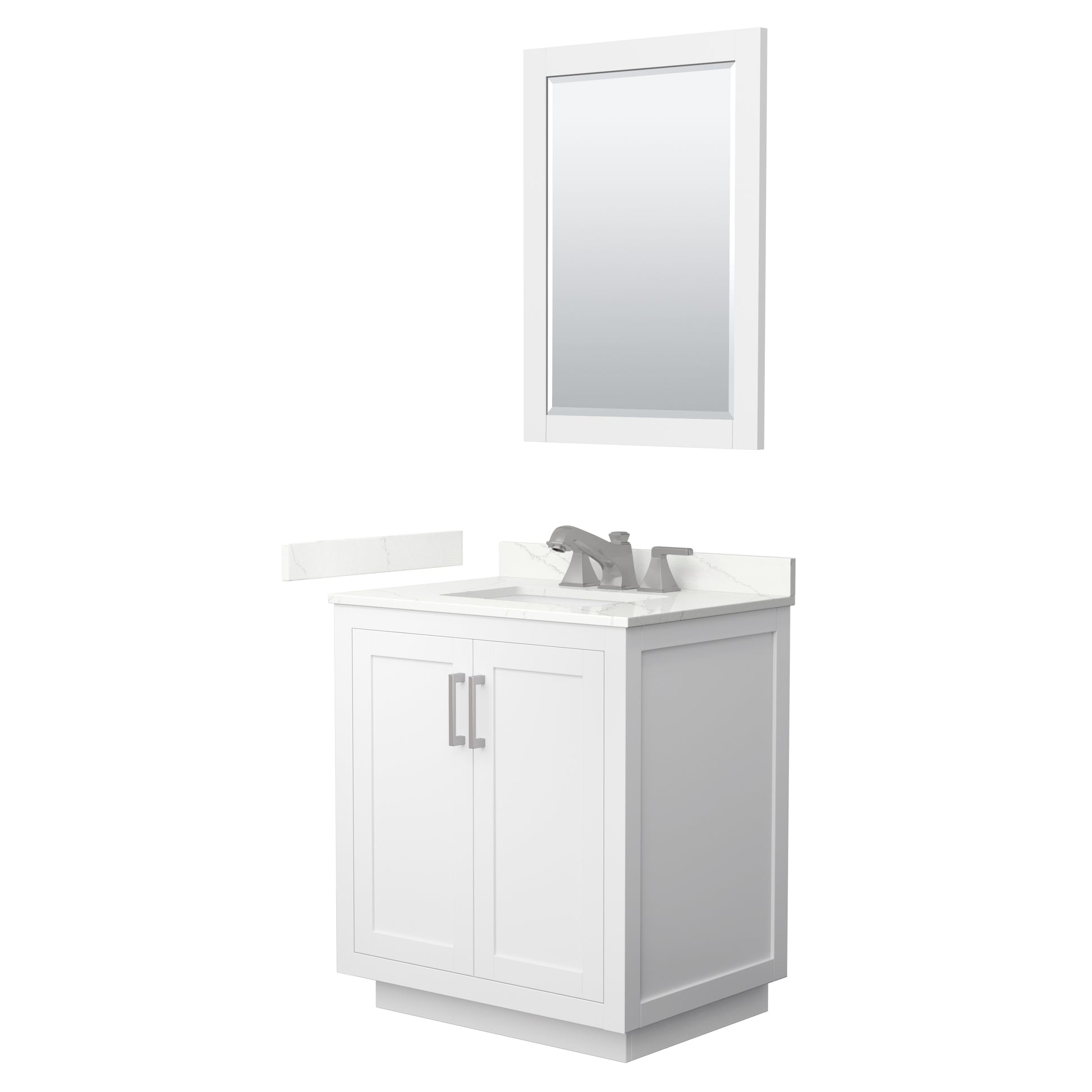 Wyndham Collection Miranda 30" Single Bathroom Vanity in White, Giotto Quartz Countertop, Undermount Square Sink (3-Hole), Brushed Nickel Trim, 24" Mirror