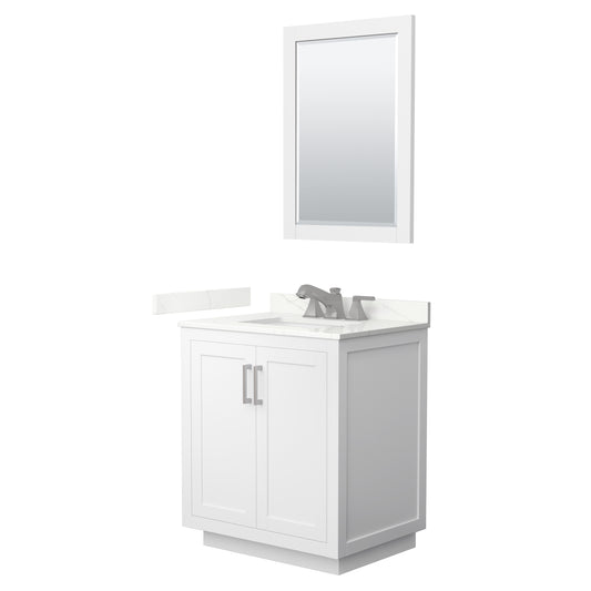 Wyndham Collection Miranda 30" Single Bathroom Vanity in White, Giotto Quartz Countertop, Undermount Square Sink (3-Hole), Brushed Nickel Trim, 24" Mirror