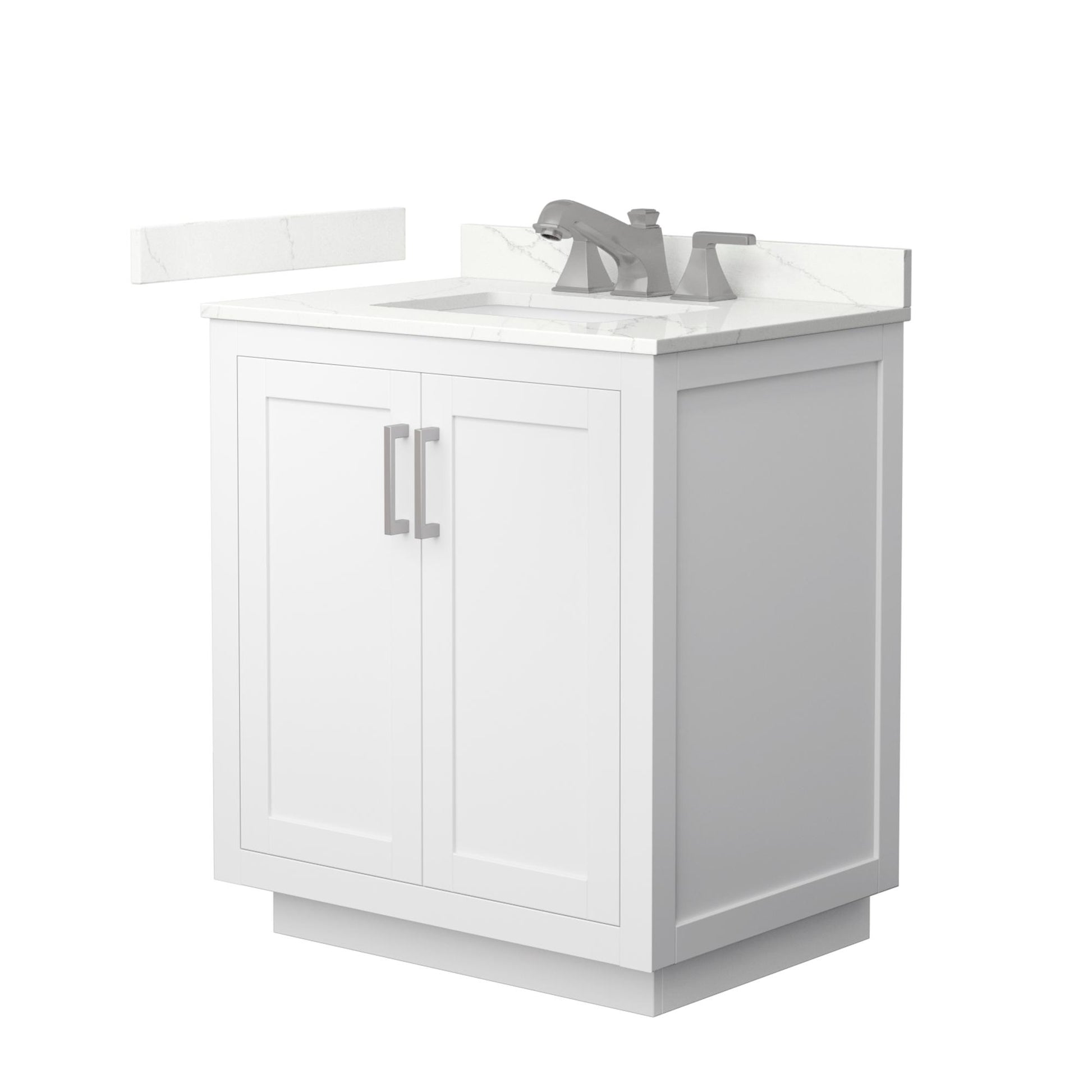 Wyndham Collection Miranda 30" Single Bathroom Vanity in White, Giotto Quartz Countertop, Undermount Square Sink (3-Hole), Brushed Nickel Trim