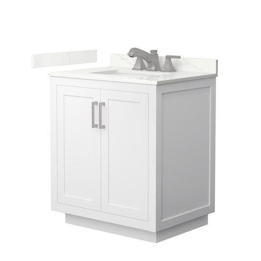 Wyndham Collection Miranda 30" Single Bathroom Vanity in White, Giotto Quartz Countertop, Undermount Square Sink (3-Hole), Brushed Nickel Trim