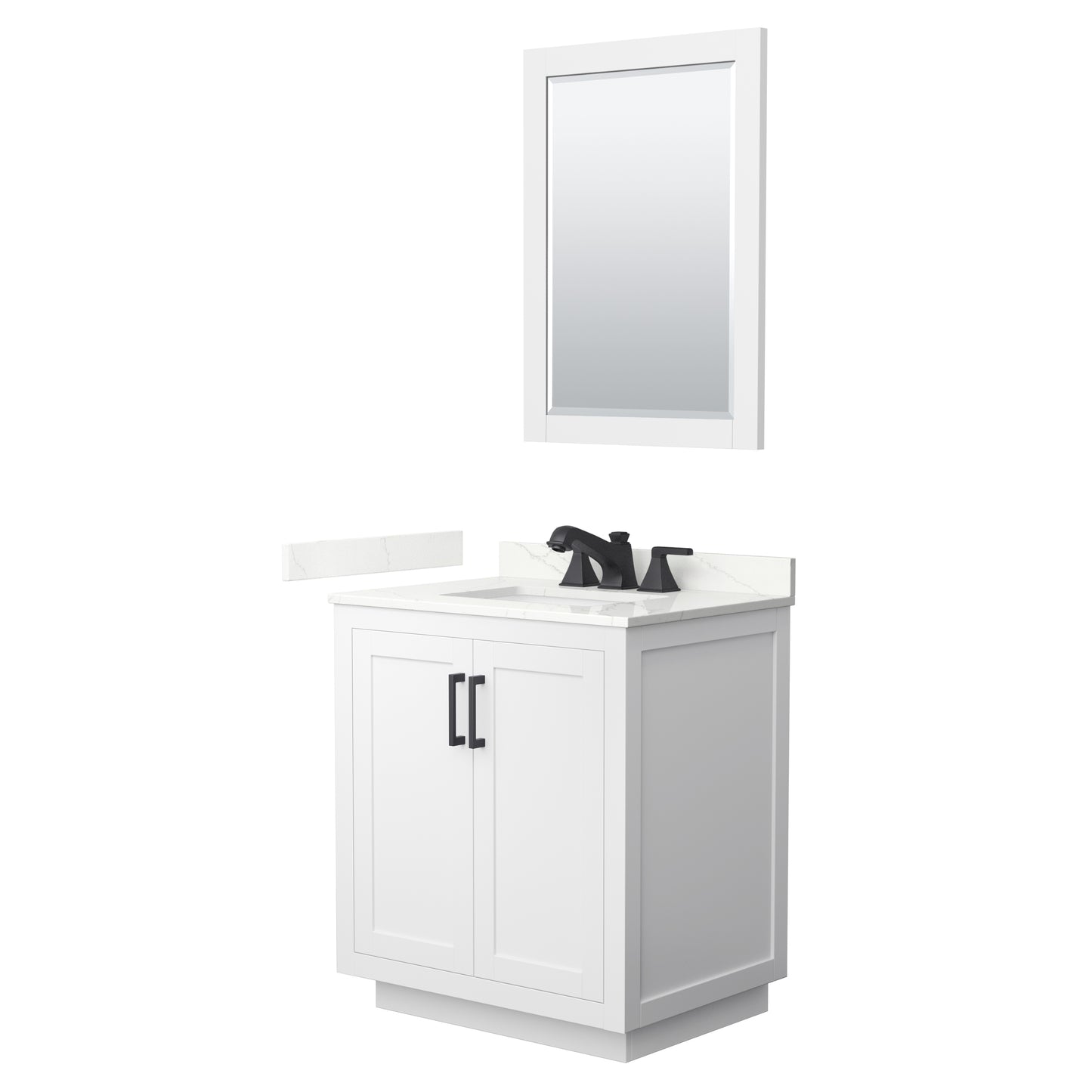 Wyndham Collection Miranda 30" Single Bathroom Vanity in White, Giotto Quartz Countertop, Undermount Square Sink (3-Hole), Matte Black Trim, 24" Mirror