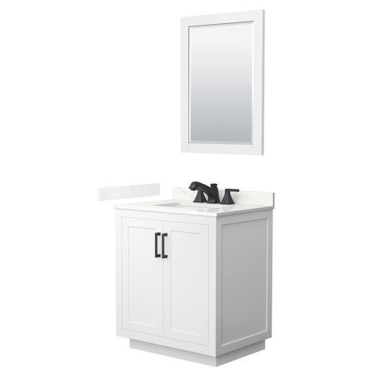 Wyndham Collection Miranda 30" Single Bathroom Vanity in White, Giotto Quartz Countertop, Undermount Square Sink (3-Hole), Matte Black Trim, 24" Mirror