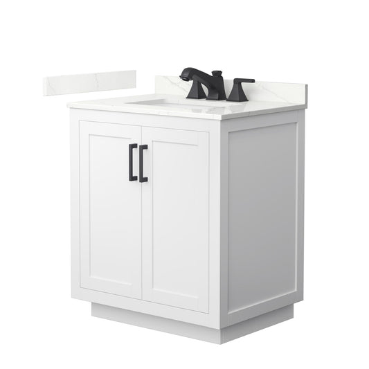 Wyndham Collection Miranda 30" Single Bathroom Vanity in White, Giotto Quartz Countertop, Undermount Square Sink (3-Hole), Matte Black Trim