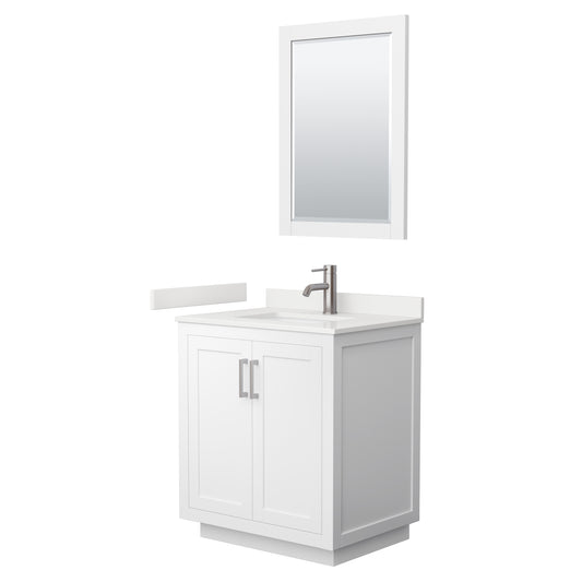 Wyndham Collection Miranda 30" Single Bathroom Vanity in White, White Quartz Countertop, Undermount Square Sink (1-Hole), Brushed Nickel Trim, 24" Mirror