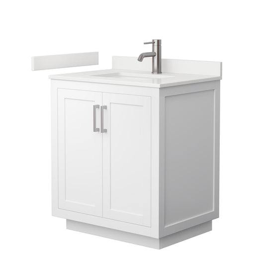 Wyndham Collection Miranda 30" Single Bathroom Vanity in White, White Quartz Countertop, Undermount Square Sink (1-Hole), Brushed Nickel Trim