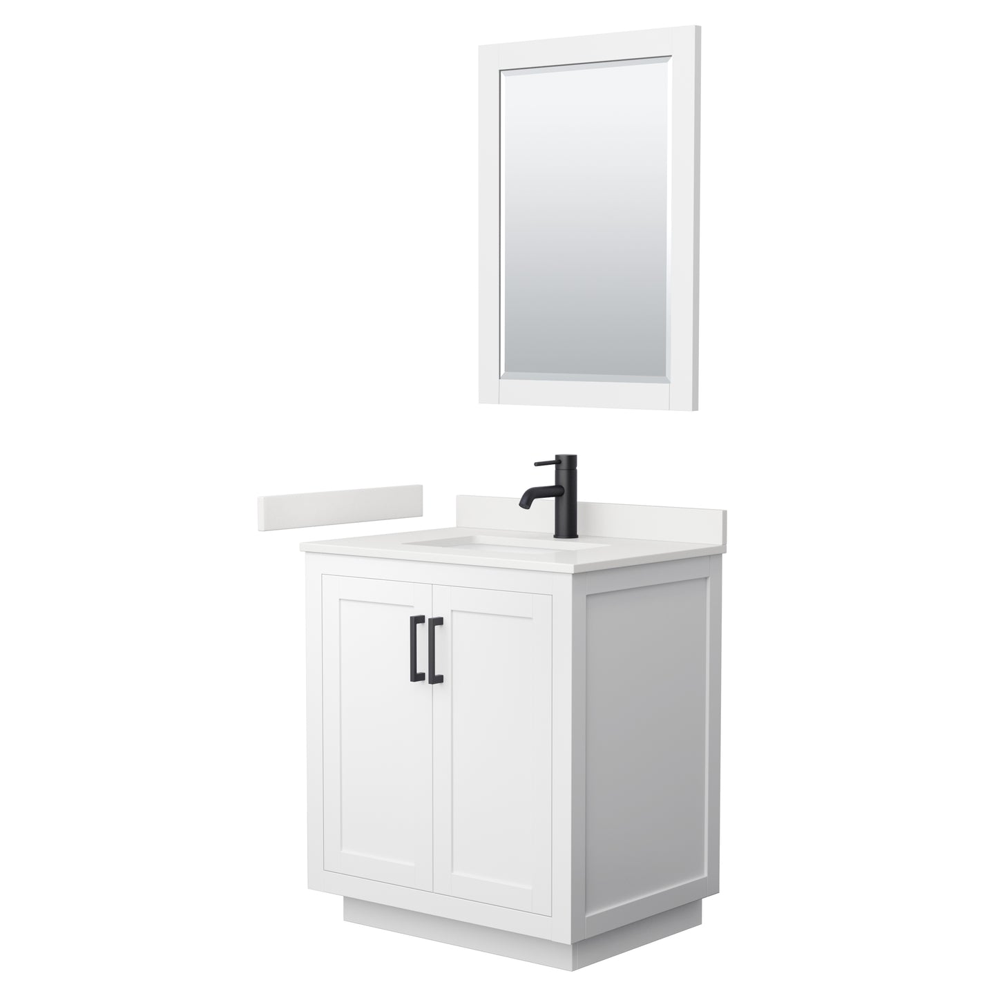 Wyndham Collection Miranda 30" Single Bathroom Vanity in White, White Quartz Countertop, Undermount Square Sink (1-Hole), Matte Black Trim, 24" Mirror