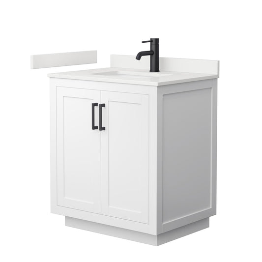 Wyndham Collection Miranda 30" Single Bathroom Vanity in White, White Quartz Countertop, Undermount Square Sink (1-Hole), Matte Black Trim
