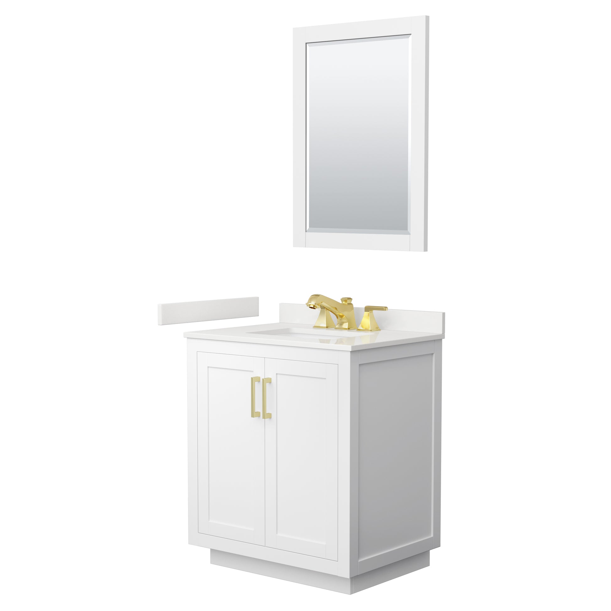 Wyndham Collection Miranda 30" Single Bathroom Vanity in White, White Quartz Countertop, Undermount Square Sink (3-Hole), Brushed Gold Trim, 24" Mirror