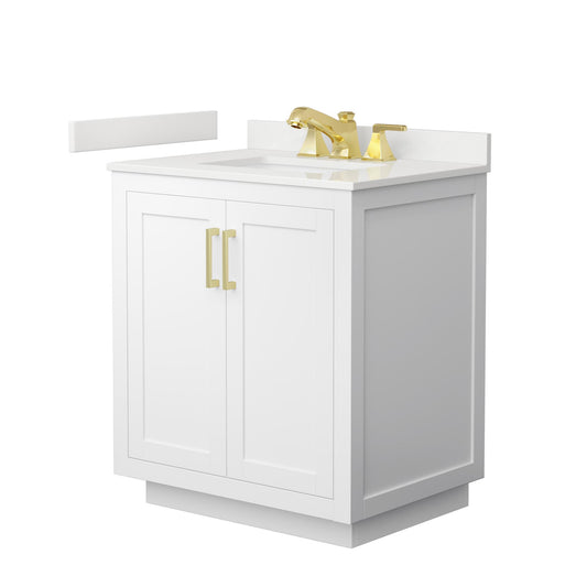 Wyndham Collection Miranda 30" Single Bathroom Vanity in White, White Quartz Countertop, Undermount Square Sink (3-Hole), Brushed Gold Trim
