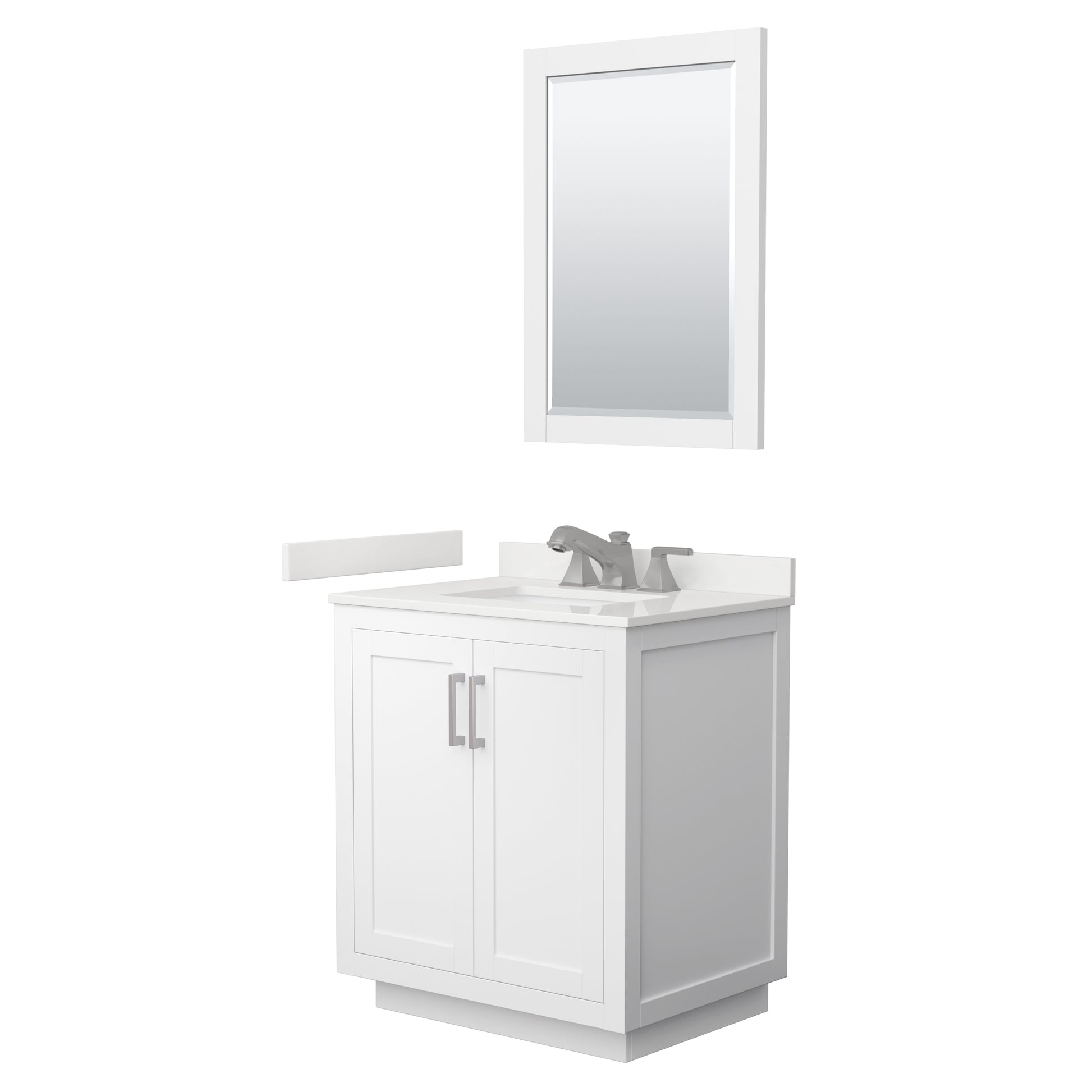 Wyndham Collection Miranda 30" Single Bathroom Vanity in White, White Quartz Countertop, Undermount Square Sink (3-Hole), Brushed Nickel Trim, 24" Mirror