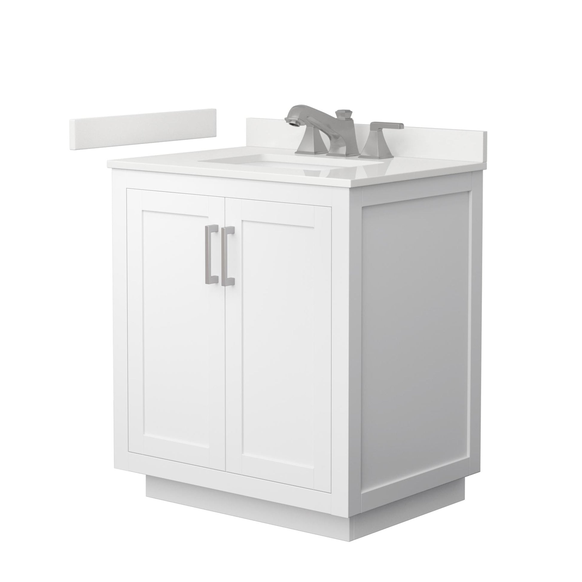 Wyndham Collection Miranda 30" Single Bathroom Vanity in White, White Quartz Countertop, Undermount Square Sink (3-Hole), Brushed Nickel Trim