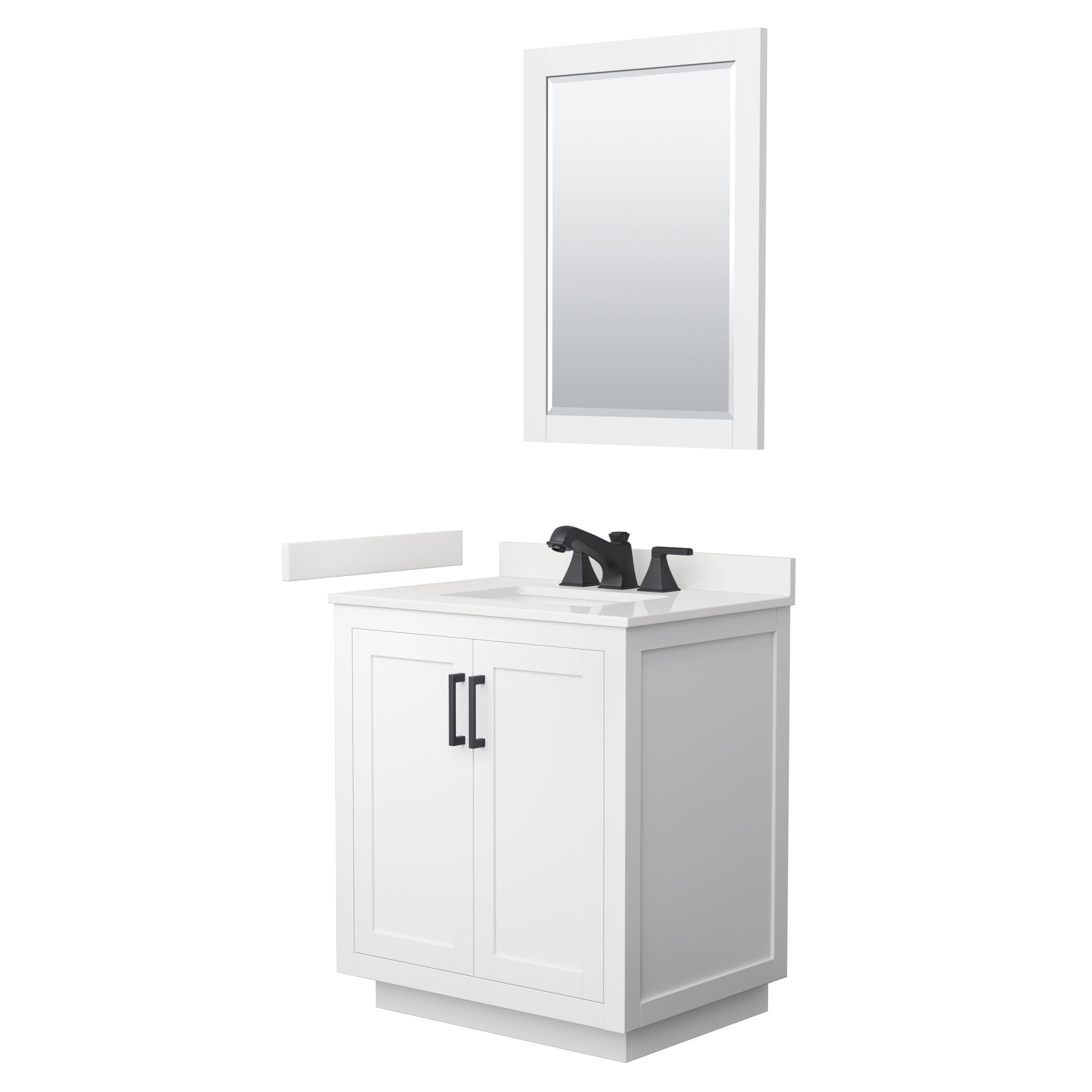 Wyndham Collection Miranda 30" Single Bathroom Vanity in White, White Quartz Countertop, Undermount Square Sink (3-Hole), Matte Black Trim, 24" Mirror