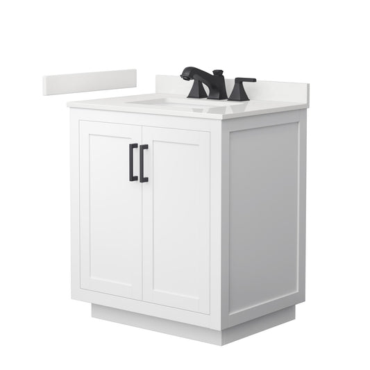 Wyndham Collection Miranda 30" Single Bathroom Vanity in White, White Quartz Countertop, Undermount Square Sink (3-Hole), Matte Black Trim