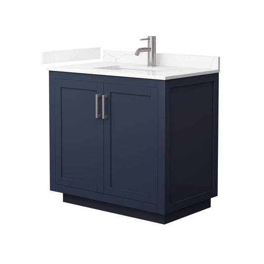 Wyndham Collection Miranda 36" Single Bathroom Vanity in Dark Blue, Giotto Quartz Countertop, Undermount Square Sink (1-Hole), Brushed Nickel Trim