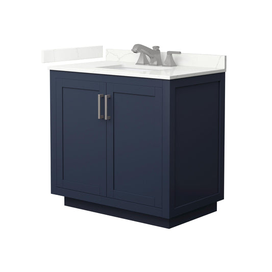 Wyndham Collection Miranda 36" Single Bathroom Vanity in Dark Blue, Giotto Quartz Countertop, Undermount Square Sink (3-Hole), Brushed Nickel Trim