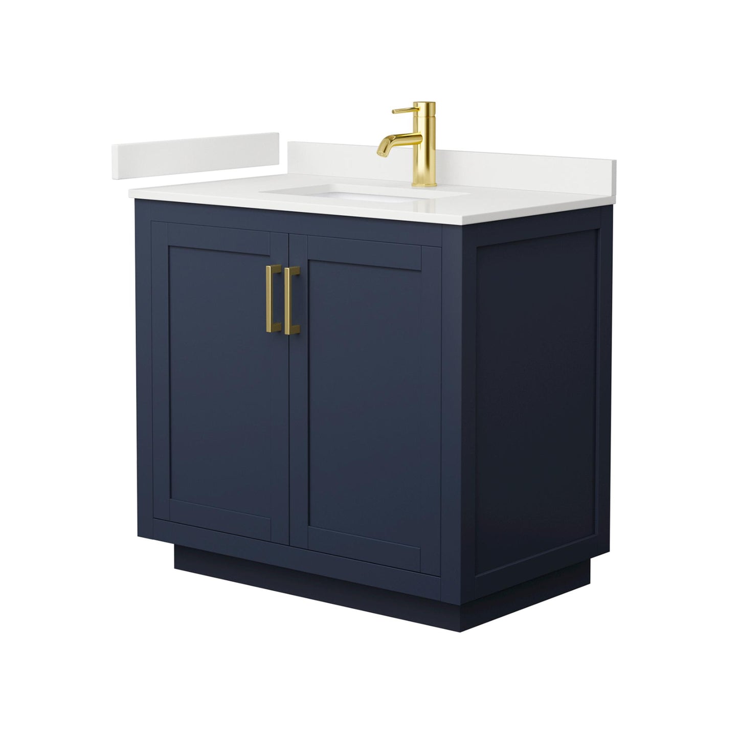 Wyndham Collection Miranda 36" Single Bathroom Vanity in Dark Blue, White Quartz Countertop, Undermount Square Sink (1-Hole), Brushed Gold Trim