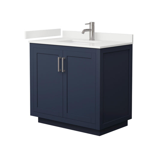 Wyndham Collection Miranda 36" Single Bathroom Vanity in Dark Blue, White Quartz Countertop, Undermount Square Sink (1-Hole), Brushed Nickel Trim