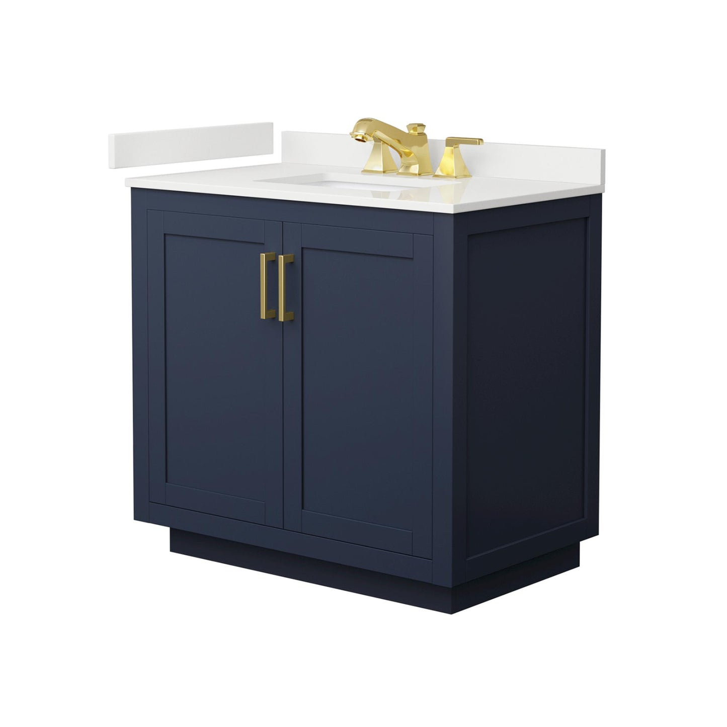 Wyndham Collection Miranda 36" Single Bathroom Vanity in Dark Blue, White Quartz Countertop, Undermount Square Sink (3-Hole), Brushed Gold Trim