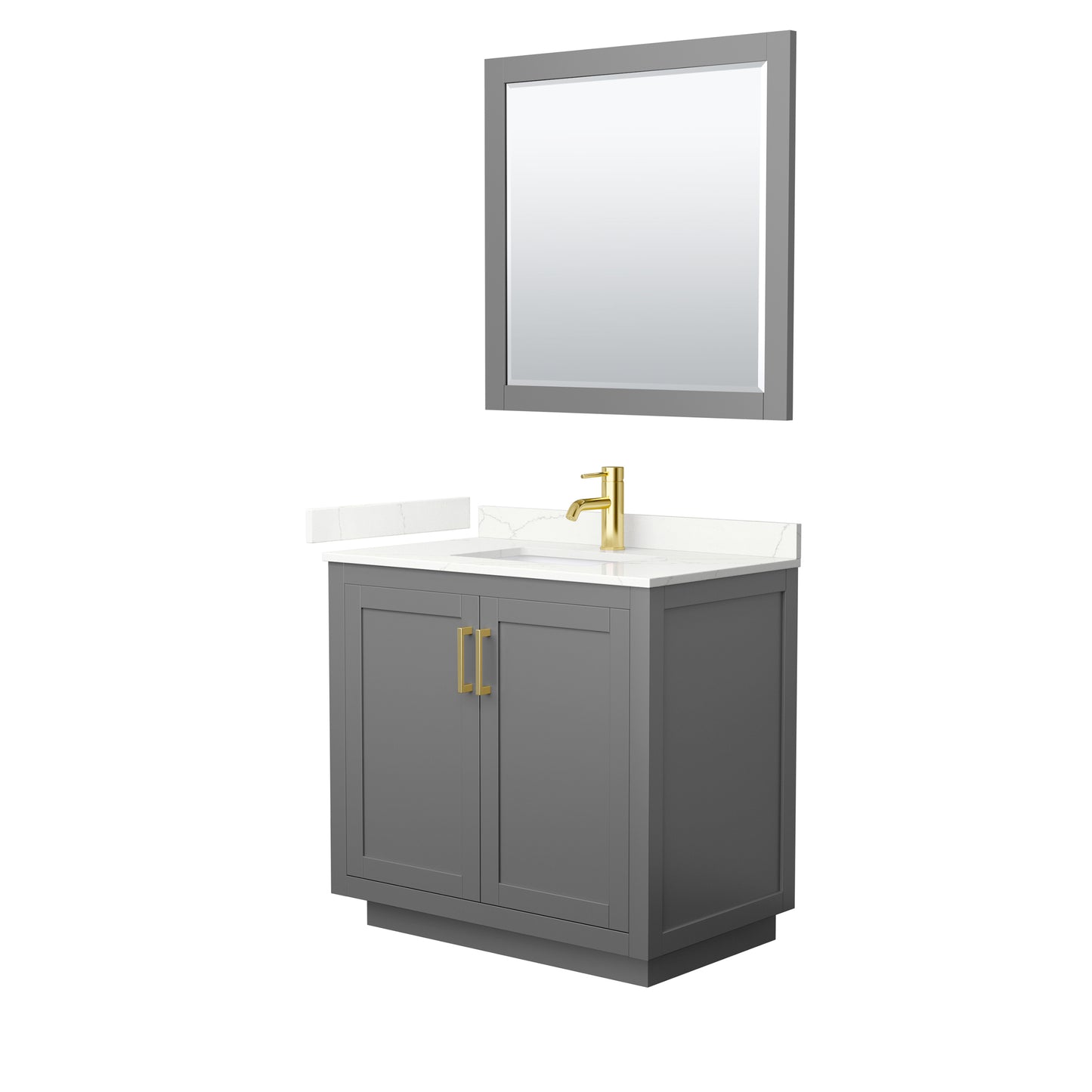 Wyndham Collection Miranda 36" Single Bathroom Vanity in Dark Gray, Giotto Quartz Countertop, Undermount Square Sink (1-Hole), Brushed Gold Trim, 34" Mirror