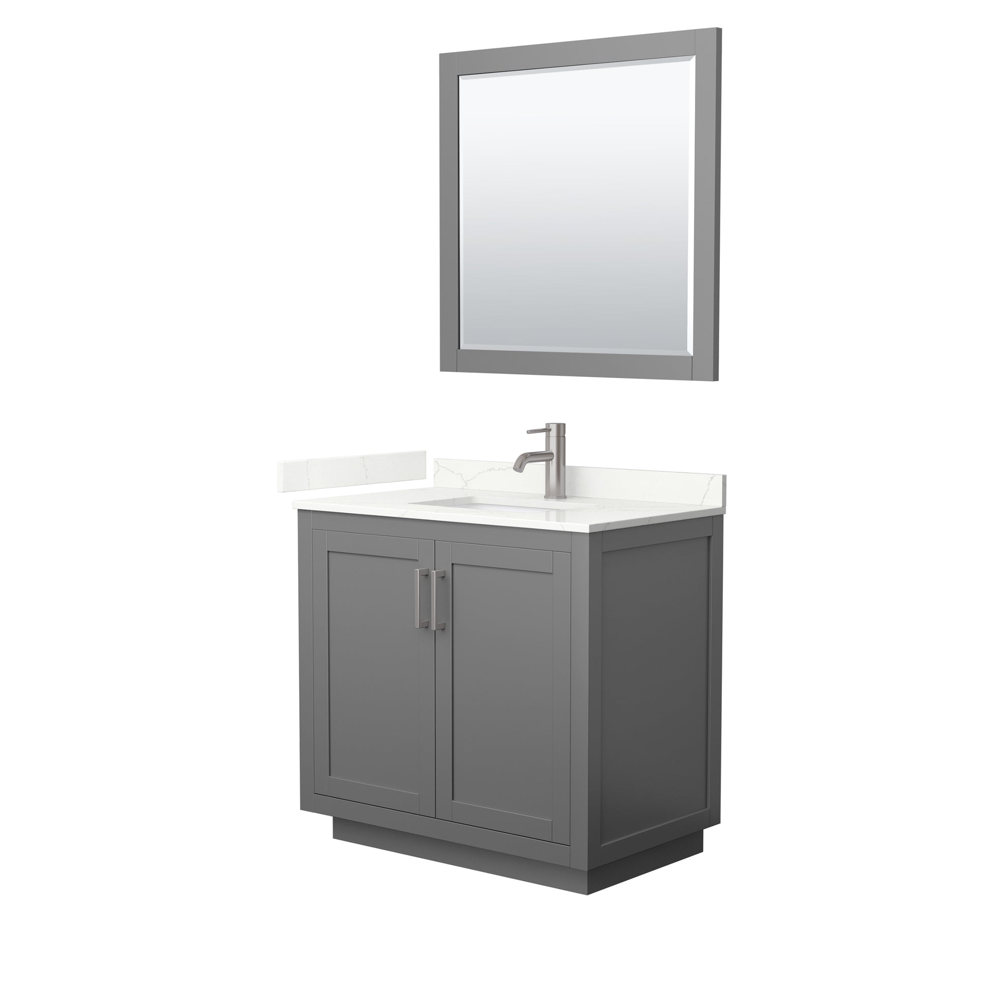 Wyndham Collection Miranda 36" Single Bathroom Vanity in Dark Gray, Giotto Quartz Countertop, Undermount Square Sink (1-Hole), Brushed Nickel Trim, 34" Mirror