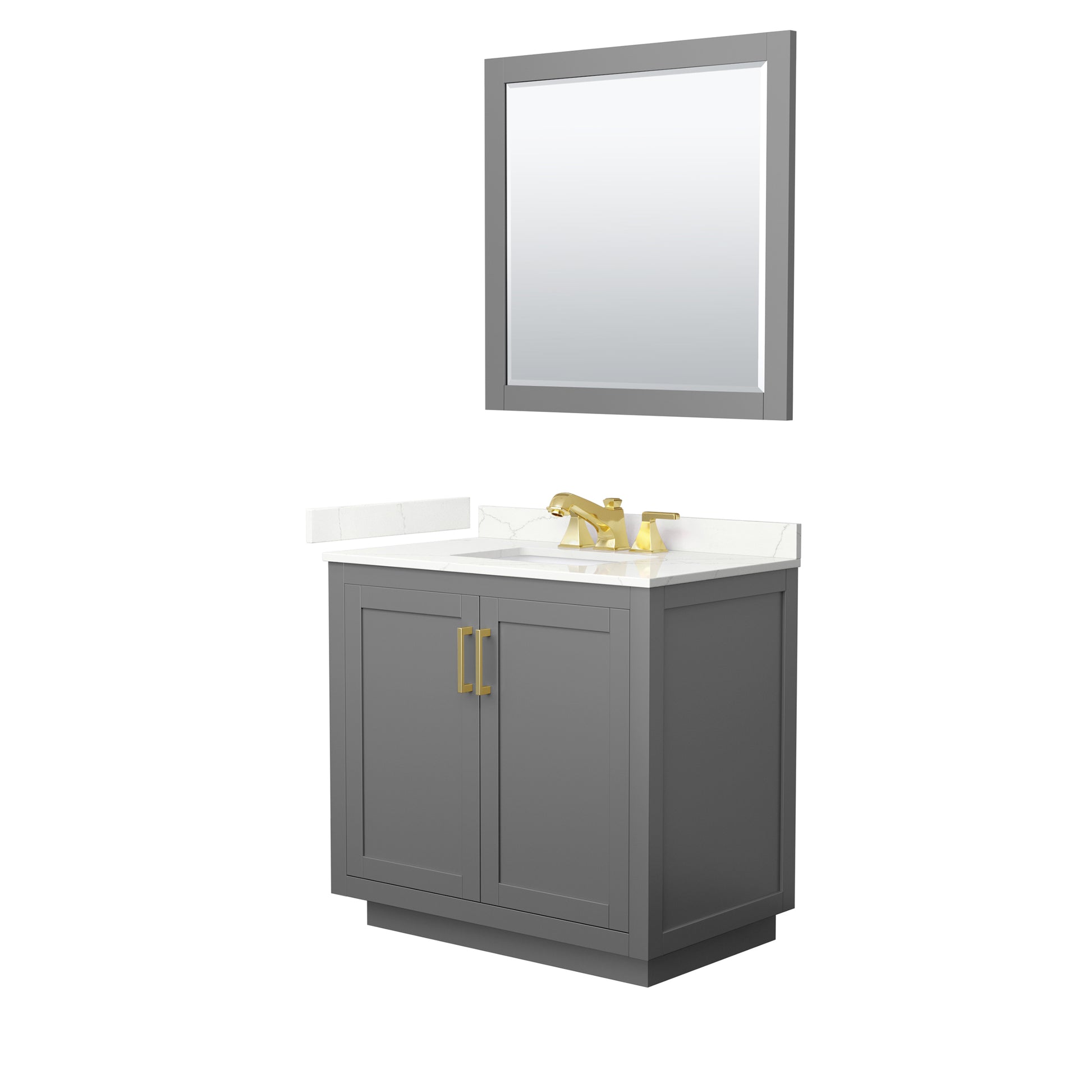 Wyndham Collection Miranda 36" Single Bathroom Vanity in Dark Gray, Giotto Quartz Countertop, Undermount Square Sink (3-Hole), Brushed Gold Trim, 34" Mirror