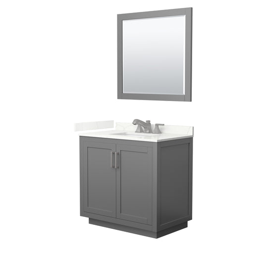 Wyndham Collection Miranda 36" Single Bathroom Vanity in Dark Gray, Giotto Quartz Countertop, Undermount Square Sink (3-Hole), Brushed Nickel Trim, 34" Mirror